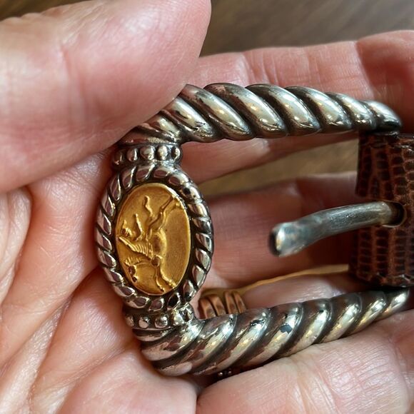 Vtg 1996 Brighton brown snakeskin look belt with silver/gold coin buckle - Picture 9 of 11